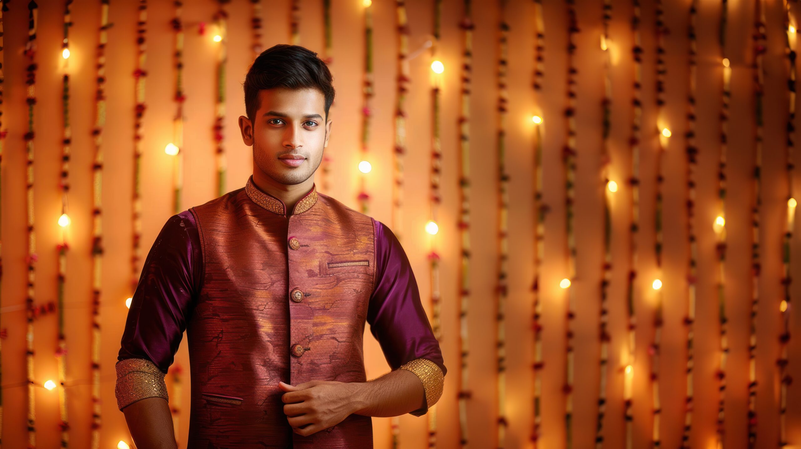 A young indian man maroon and golden half sleeve shirt with waistcoat standing with glowing lights